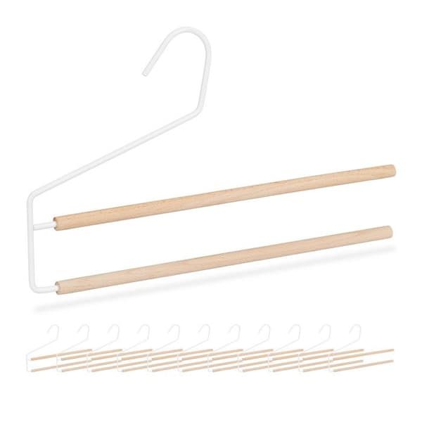 Relaxdays Byxhängare set 12, platsbesparande, flera hängare, 2 träslipers, kjolar, metall, naturvit