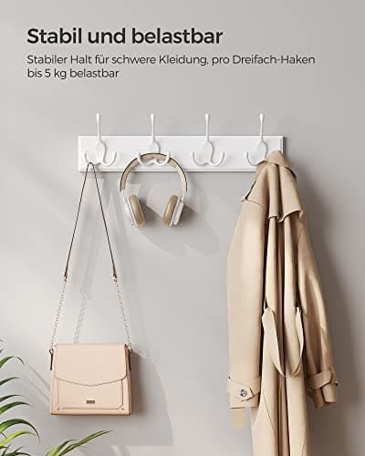 Väggmonterad klädhängare, galge med 4 trippelkrokar, för kläder, nycklar, hattar, handväskor, i hallen, badrummet