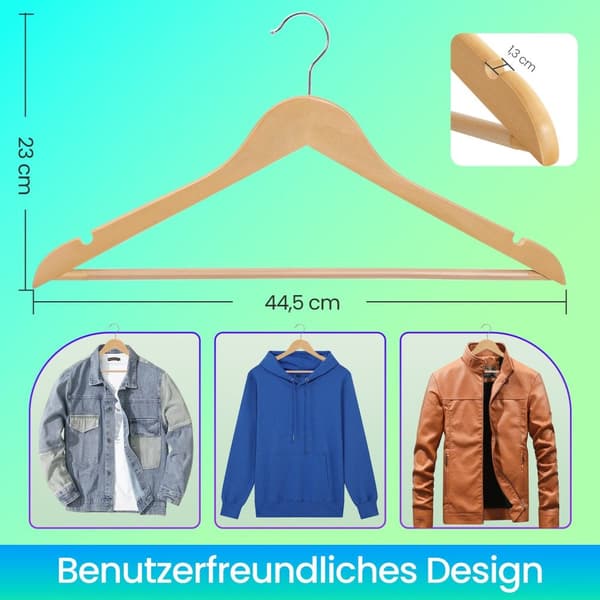ABHENG AWY0350W Houten kleerhangers, 50 stuks, met antislip broekstang en 360° draaibare haak, inkepingen in de schouders, gemaakt van natuurlijk hout, 44,5 x 23 cm (b x h), wit zilver