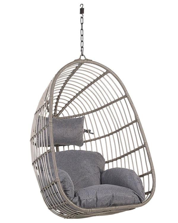 Riipputuoli harmaa polyrottinki jalustalla metallirunko sisälle ulos boho tyyli