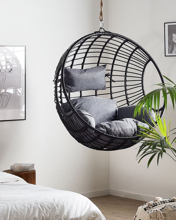 Hængende Lænestol Sort Rattan Rund Flettet Ophængt Kurv Hynder Boho Stil