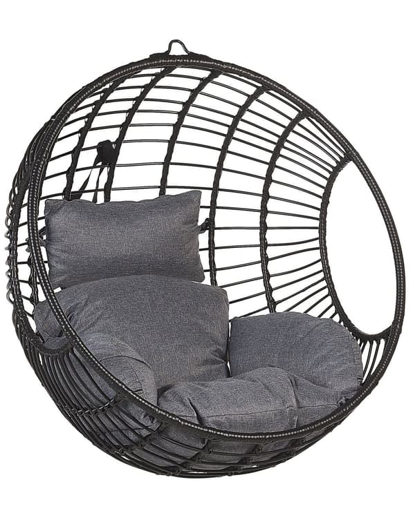 Hængende Lænestol Sort Rattan Rund Flettet Ophængt Kurv Hynder Boho Stil
