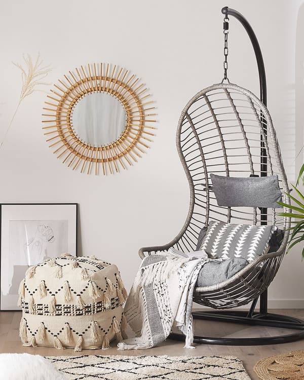 Hængestol Grå Rattan ø 100 x 200 cm Hængegynge Kurv med Puder Hynder og Stativ Boho Børneværelse Tilbehør til Udendørs Terrasse Have Dekor