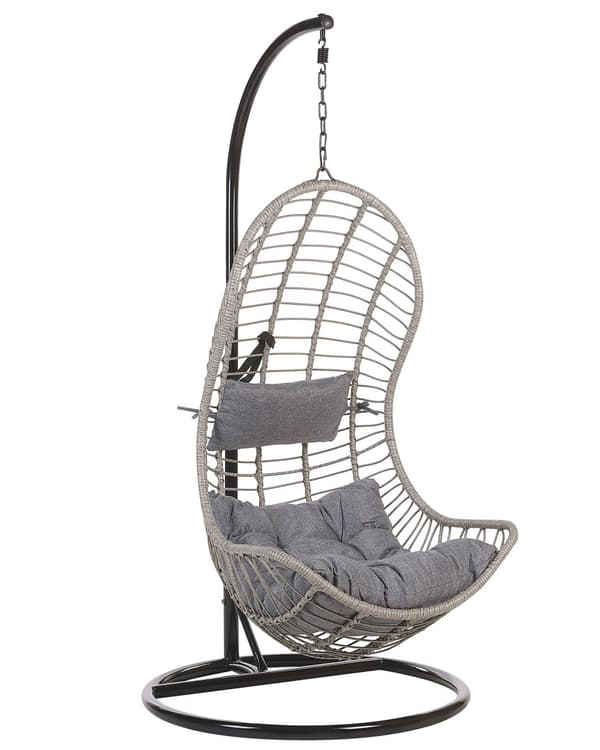 Hængestol Grå Rattan ø 100 x 200 cm Hængegynge Kurv med Puder Hynder og Stativ Boho Børneværelse Tilbehør til Udendørs Terrasse Have Dekor