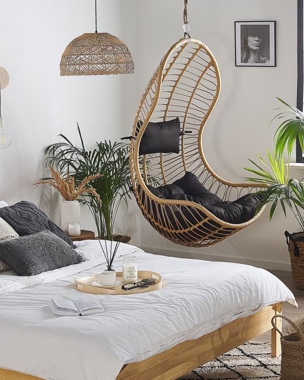 Hængestol Beige Rattan ø 80 x 140 cm Hængegynge Kurv med Puder Hynder Ophæng Boho Børneværelse Tilbehør til Udendørs Terrasse Have Dekor