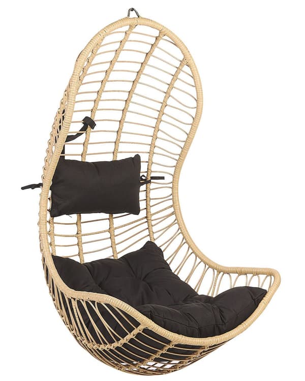 Hængestol Beige Rattan ø 80 x 140 cm Hængegynge Kurv med Puder Hynder Ophæng Boho Børneværelse Tilbehør til Udendørs Terrasse Have Dekor