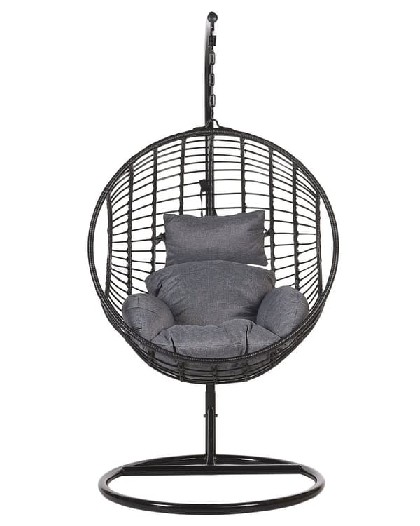 Hængende Lænestol Sort Rattan Runde Flettede Hynder Metalstel Boho Stil