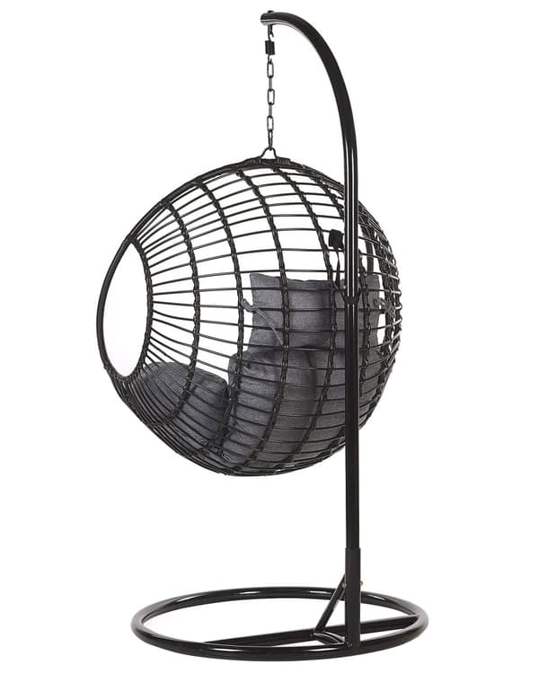 Hængende Lænestol Sort Rattan Runde Flettede Hynder Metalstel Boho Stil