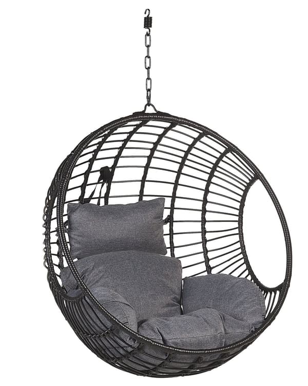 Hængende Lænestol Sort Rattan Runde Flettede Hynder Metalstel Boho Stil