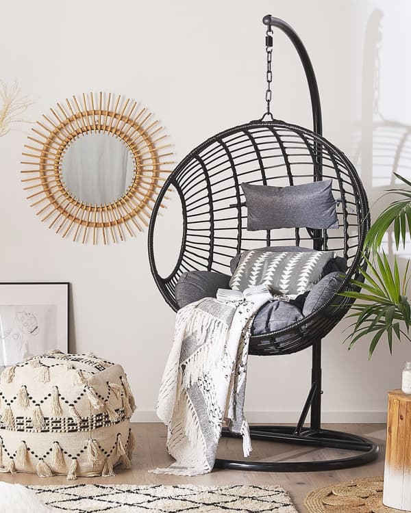 Hængende Lænestol Sort Rattan Runde Flettede Hynder Metalstel Boho Stil