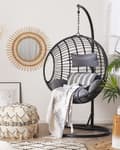 Miniatyrbillede 2 af 11: Hængende Lænestol Sort Rattan Runde Flettede Hynder Metalstel Boho Stil