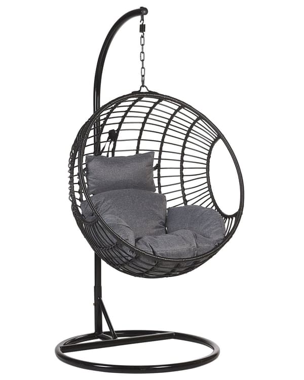 Hængende Lænestol Sort Rattan Runde Flettede Hynder Metalstel Boho Stil