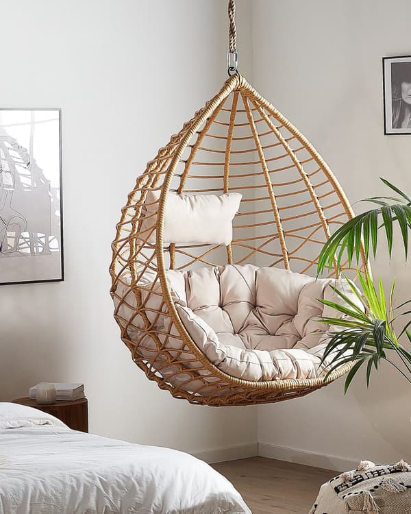 Hængestol Beige Rattan Polyester og Sort Stål 199 x 97 cm Oval Æg Kurv Ophæng Hynder Indendørs Udendørs til Haven Terrasse Indretning