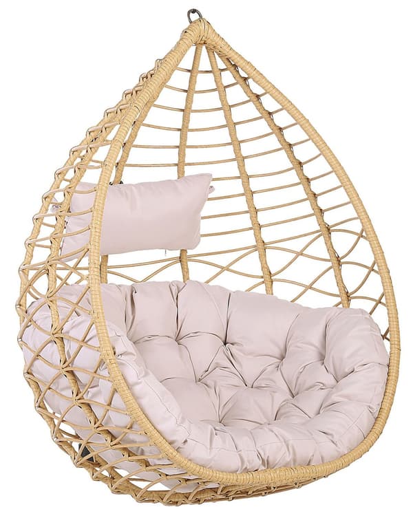 Hængestol Beige Rattan Polyester og Sort Stål 199 x 97 cm Oval Æg Kurv Ophæng Hynder Indendørs Udendørs til Haven Terrasse Indretning