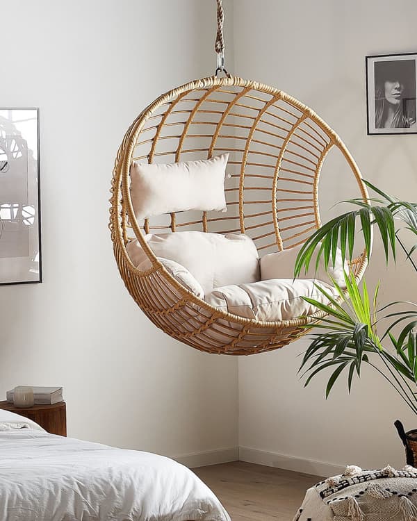 Hængestol Beige Rattan Rund Flet Kurv Uden Stativ med Puder Boho Stil