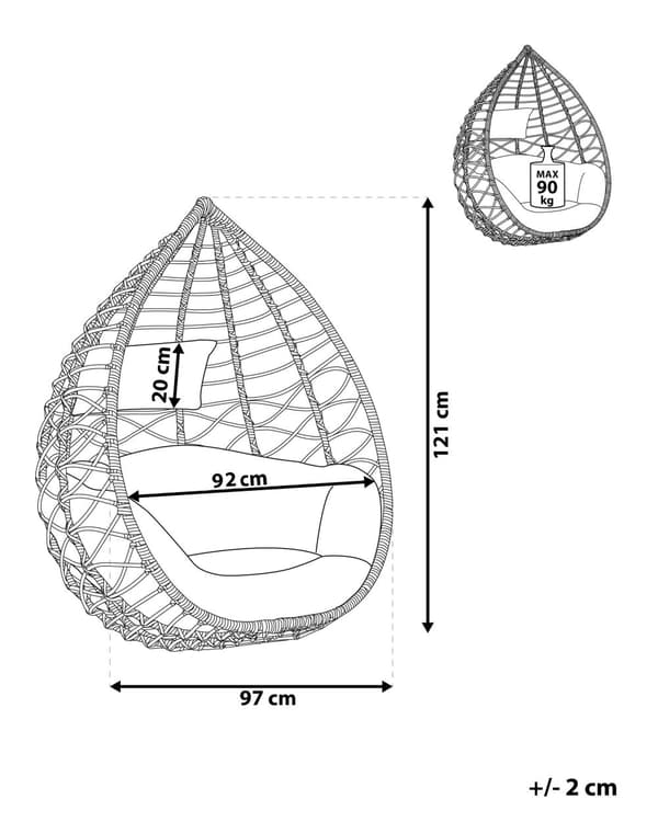 Hængestol Grå Rattan Polyester og Sort Stål 199 x 97 cm Oval Æg Kurv Ophæng Hynder Indendørs Udendørs til Haven Terrasse Indretning