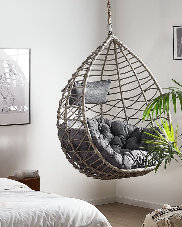 Hængestol Grå Rattan Polyester og Sort Stål 199 x 97 cm Oval Æg Kurv Ophæng Hynder Indendørs Udendørs til Haven Terrasse Indretning