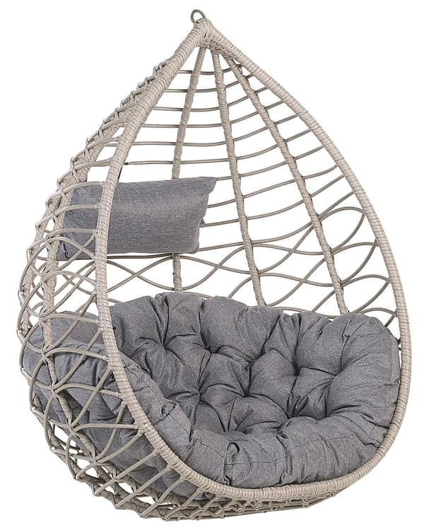 Hængestol Grå Rattan Polyester og Sort Stål 199 x 97 cm Oval Æg Kurv Ophæng Hynder Indendørs Udendørs til Haven Terrasse Indretning