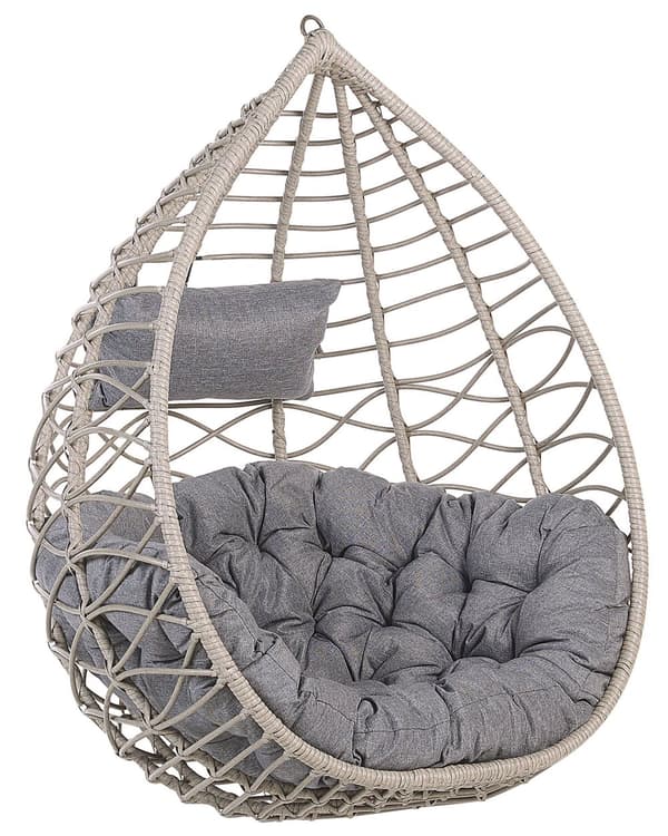 Hængestol Grå Rattan Polyester og Sort Stål 199 x 97 cm Oval Æg Kurv Ophæng Hynder Indendørs Udendørs til Haven Terrasse Indretning