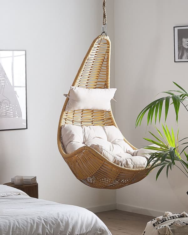 Hængestol Beige PE rattan gynge æggeformet Loftmonteret flet Rustik Boho Stil