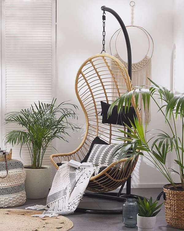 Hængestol Beige Rattan ø 100 x 200 cm Hængegynge Kurv med Puder Hynder og Stativ Boho Børneværelse Tilbehør til Udendørs Terrasse Have Dekor