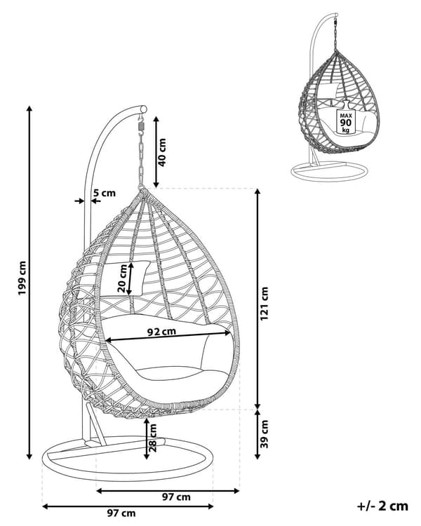 Hængestol Grå Rattan Polyester og Sort Stål 199 x 97 cm Oval Æg Kurv Ophæng Stativ Hynder Indendørs Udendørs til Haven Terrasse Indretning