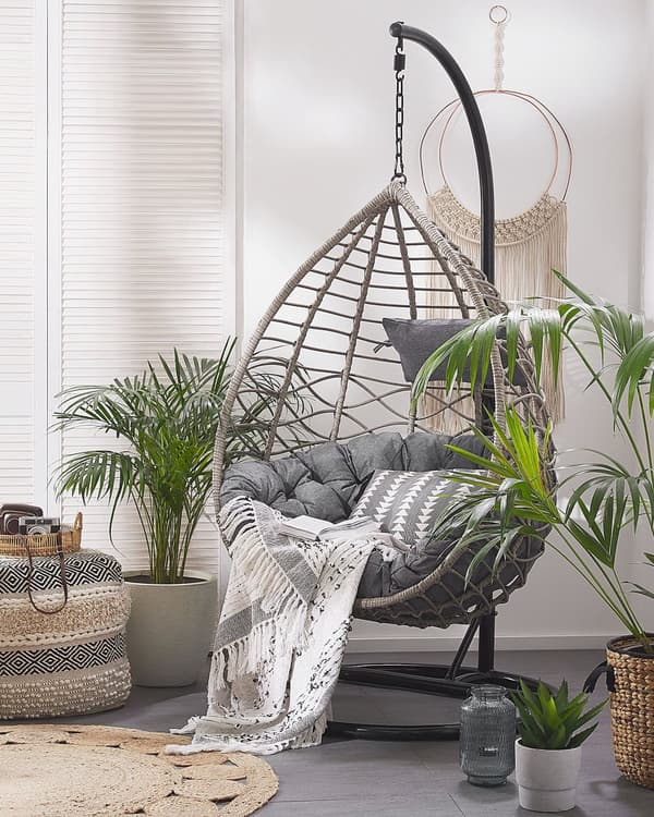 Hængestol Grå Rattan Polyester og Sort Stål 199 x 97 cm Oval Æg Kurv Ophæng Stativ Hynder Indendørs Udendørs til Haven Terrasse Indretning