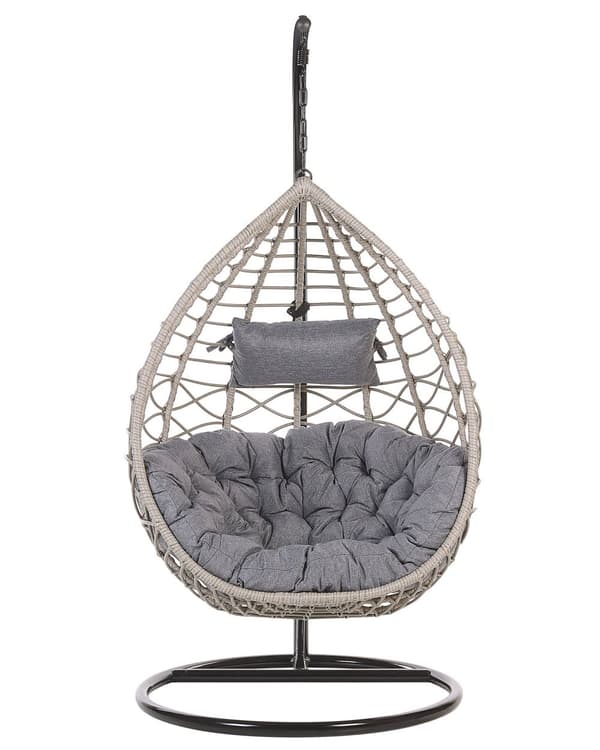 Hængestol Grå Rattan Polyester og Sort Stål 199 x 97 cm Oval Æg Kurv Ophæng Stativ Hynder Indendørs Udendørs til Haven Terrasse Indretning