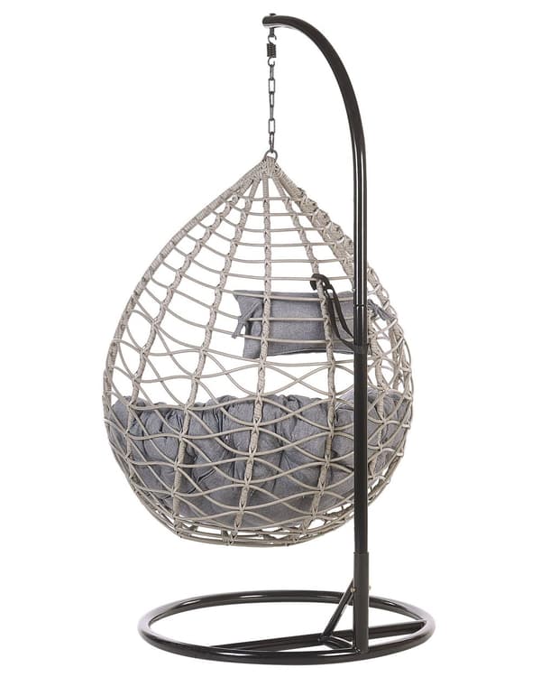 Hængestol Grå Rattan Polyester og Sort Stål 199 x 97 cm Oval Æg Kurv Ophæng Stativ Hynder Indendørs Udendørs til Haven Terrasse Indretning