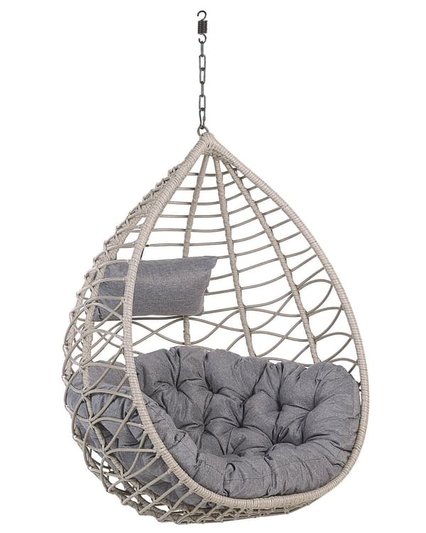 Hængestol Grå Rattan Polyester og Sort Stål 199 x 97 cm Oval Æg Kurv Ophæng Stativ Hynder Indendørs Udendørs til Haven Terrasse Indretning