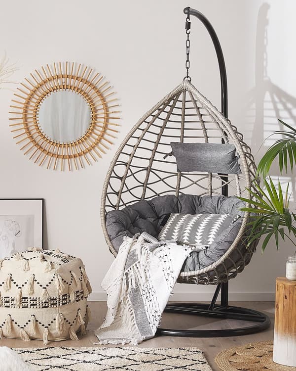 Hængestol Grå Rattan Polyester og Sort Stål 199 x 97 cm Oval Æg Kurv Ophæng Stativ Hynder Indendørs Udendørs til Haven Terrasse Indretning