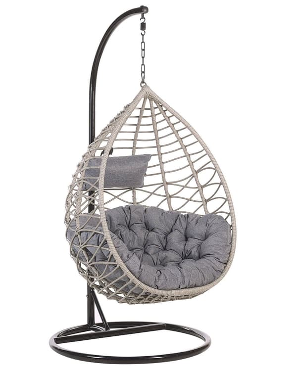 Hængestol Grå Rattan Polyester og Sort Stål 199 x 97 cm Oval Æg Kurv Ophæng Stativ Hynder Indendørs Udendørs til Haven Terrasse Indretning