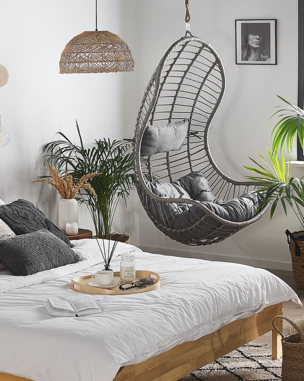 Hængestol Beige Rattan ø 80 x 140 cm Hængegynge Kurv med Puder Hynder Ophæng Boho Børneværelse Tilbehør til Udendørs Terrasse Have Dekor