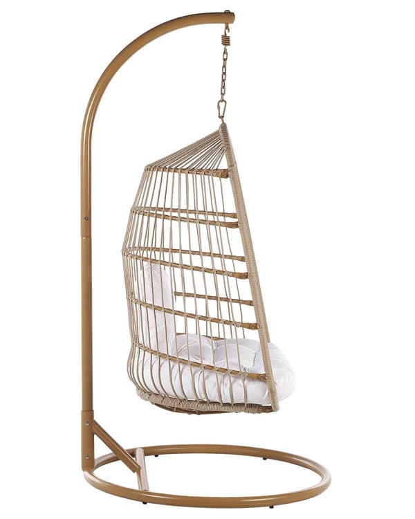 Hængestol Beige Natur Polyester og Metal 102 x 200 cm Oval Æg Kurv Ophæng Stativ Hynder Indendørs Udendørs til Haven Terrasse Indretning