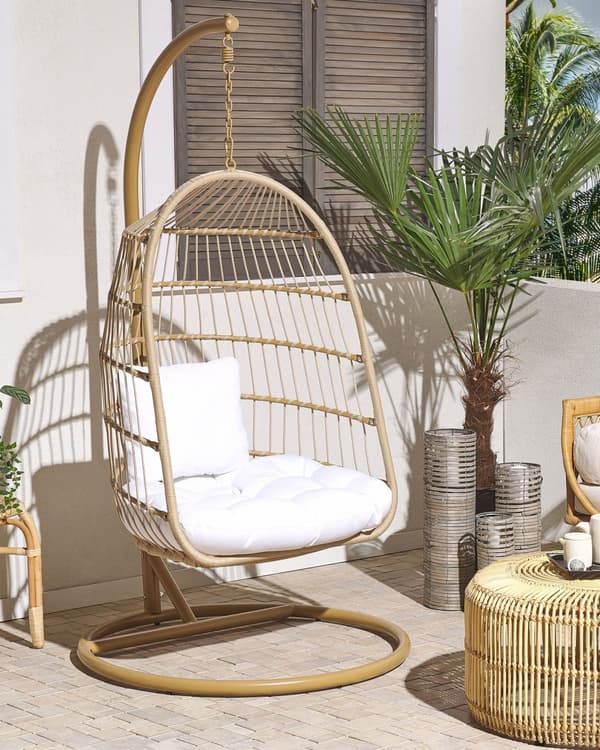 Hængestol Beige Natur Polyester og Metal 102 x 200 cm Oval Æg Kurv Ophæng Stativ Hynder Indendørs Udendørs til Haven Terrasse Indretning