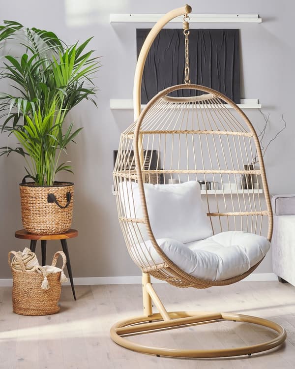 Hængende Æg Stol Beige Reb Sæde Metal Stand Blød Pude Boho Rustik