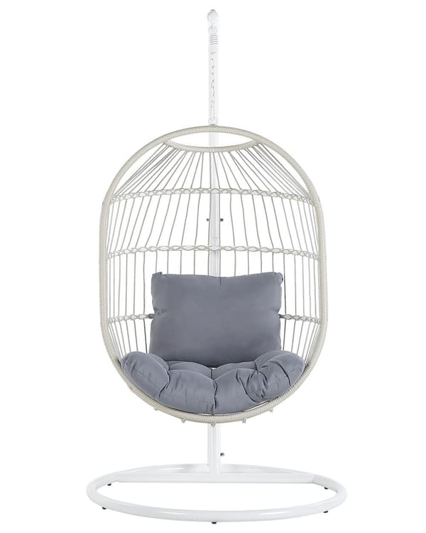 Riipputuoli valkoinen polyrottinkia teräsjalustalla 102 x 102 x 200 cm harmaa pehmuste boho tyyli