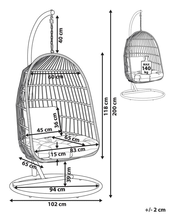Hængestol Hvid Metal og Grå Polyester 102 x 200 cm Oval Æg Kurv Ophæng med Stativ Hynder Indendørs Udendørs til Haven Terrasse Indretning