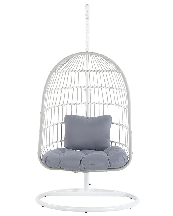Hængestol Hvid Metal og Grå Polyester 102 x 200 cm Oval Æg Kurv Ophæng med Stativ Hynder Indendørs Udendørs til Haven Terrasse Indretning
