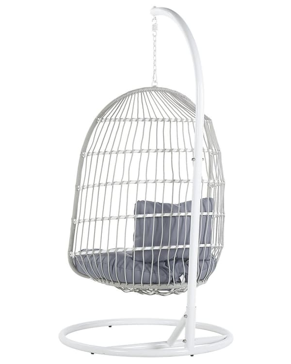 Hængestol Hvid Metal og Grå Polyester 102 x 200 cm Oval Æg Kurv Ophæng med Stativ Hynder Indendørs Udendørs til Haven Terrasse Indretning
