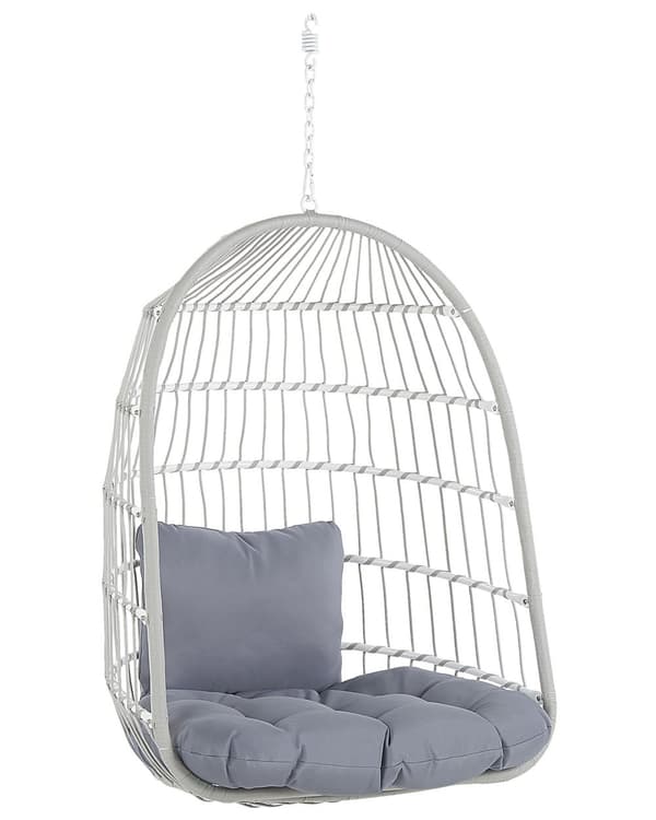 Hængestol Hvid Metal og Grå Polyester 102 x 200 cm Oval Æg Kurv Ophæng med Stativ Hynder Indendørs Udendørs til Haven Terrasse Indretning