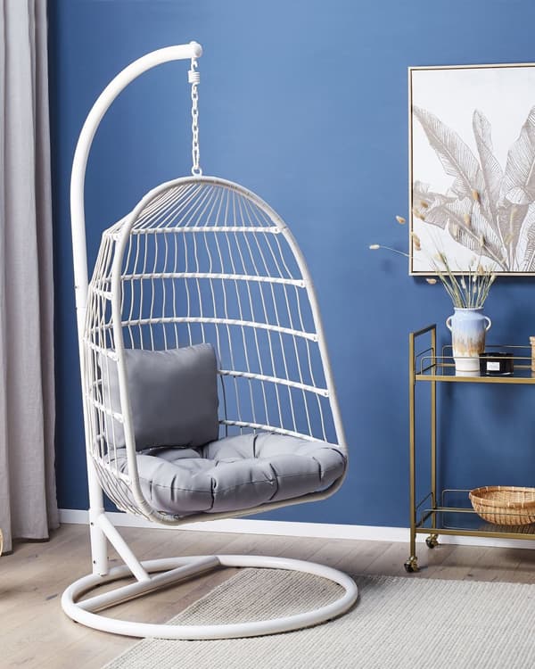 Hængestol Hvid Metal og Grå Polyester 102 x 200 cm Oval Æg Kurv Ophæng med Stativ Hynder Indendørs Udendørs til Haven Terrasse Indretning