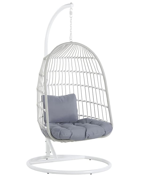 Hængestol Hvid Metal og Grå Polyester 102 x 200 cm Oval Æg Kurv Ophæng med Stativ Hynder Indendørs Udendørs til Haven Terrasse Indretning