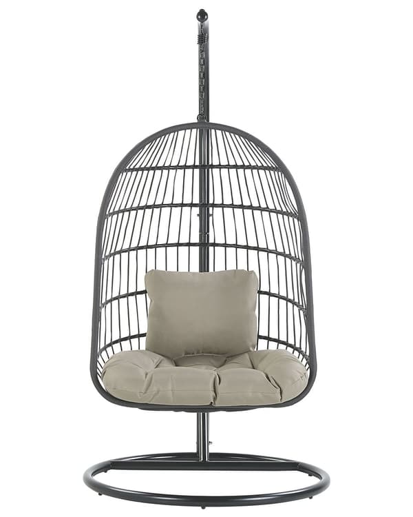 Hængestol Sort Grå Metal og Brungrå Polyester 102 x 200 cm Oval Æg Kurv Ophæng Stativ Hynder Indendørs Udendørs til Haven Terrasse Indretning
