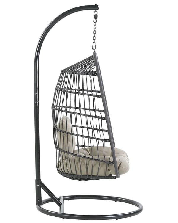Hængestol Sort Grå Metal og Brungrå Polyester 102 x 200 cm Oval Æg Kurv Ophæng Stativ Hynder Indendørs Udendørs til Haven Terrasse Indretning