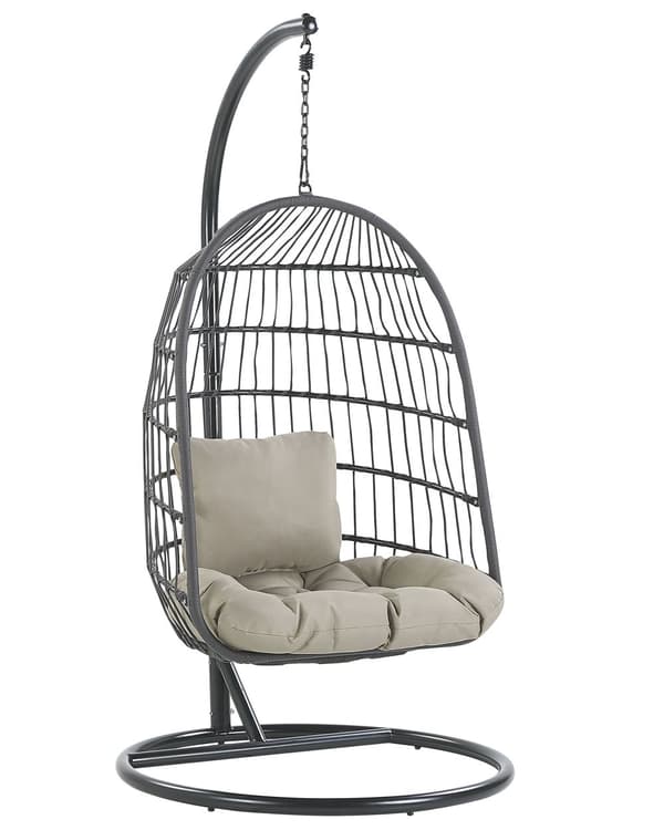 Hængestol Sort Grå Metal og Brungrå Polyester 102 x 200 cm Oval Æg Kurv Ophæng Stativ Hynder Indendørs Udendørs til Haven Terrasse Indretning