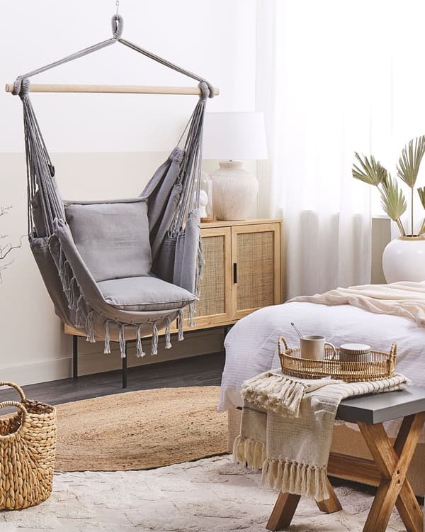 Riippukeinu puuvilla ja polyesteri vaaleanharmaa sisätiloihin boho-tyyli