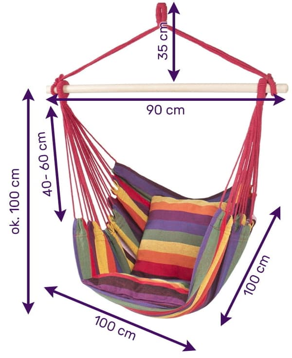 Hängstol 100 x 100 cm med kuddar – Röda rep – Upp till 120 kg