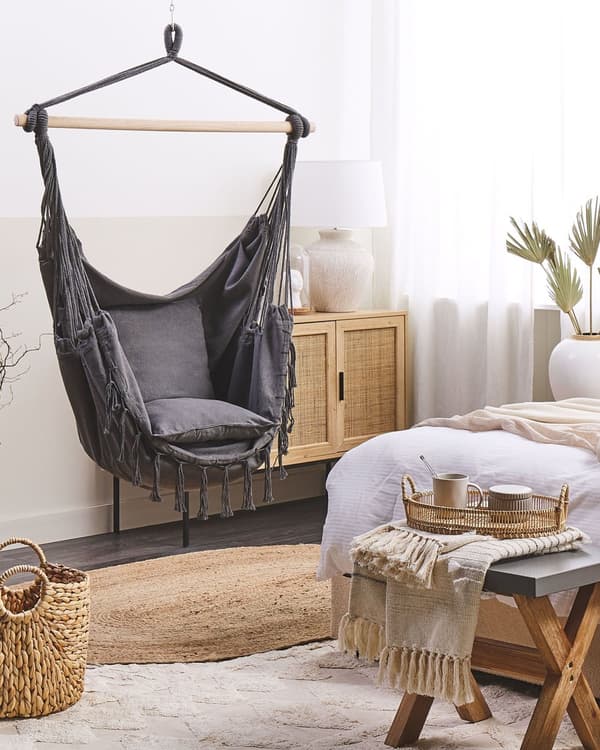 Hengende Hengekøyestol Grå Bomull Polyester Huskesete Innendørs Utendørs Boho-stil