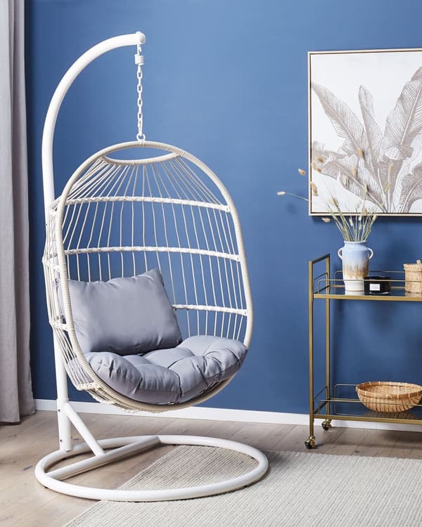 Hengende Egg Stol Hvit Tau Sete Stål Stativ Myk Pute Boho Rustikk